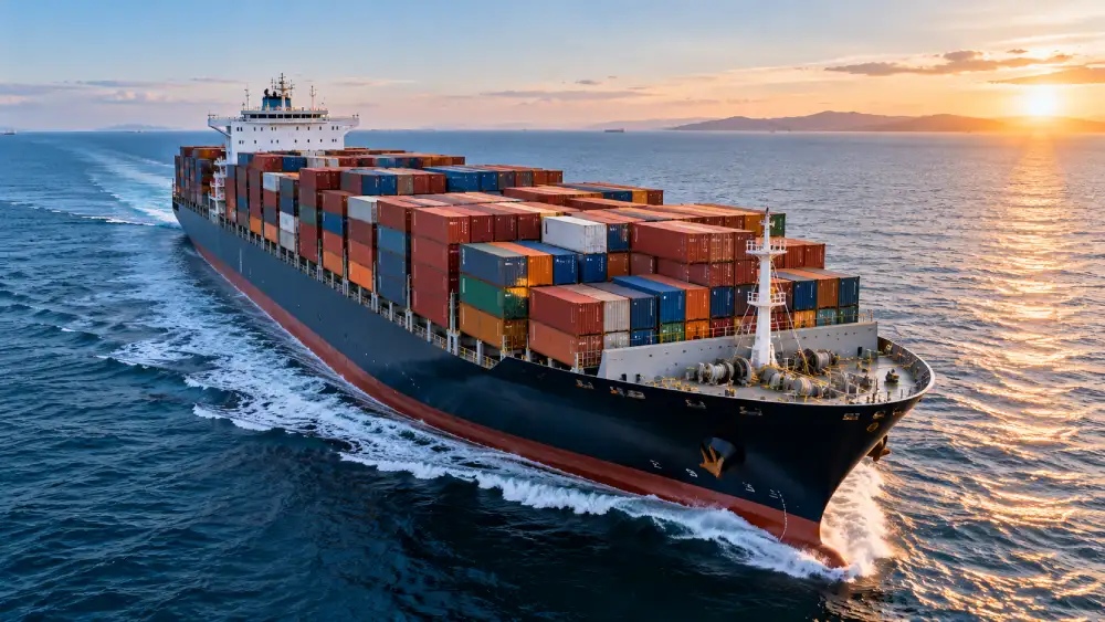 Container ship carrying export cargo across the ocean during international freight transportation.