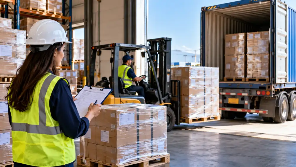 Export cargo being prepared for handover to a freight carrier at a warehouse.