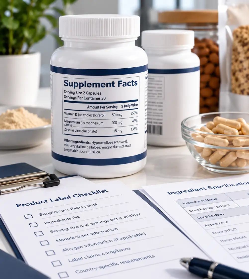 Dietary supplement bottle showing a Supplement Facts label for export compliance review.